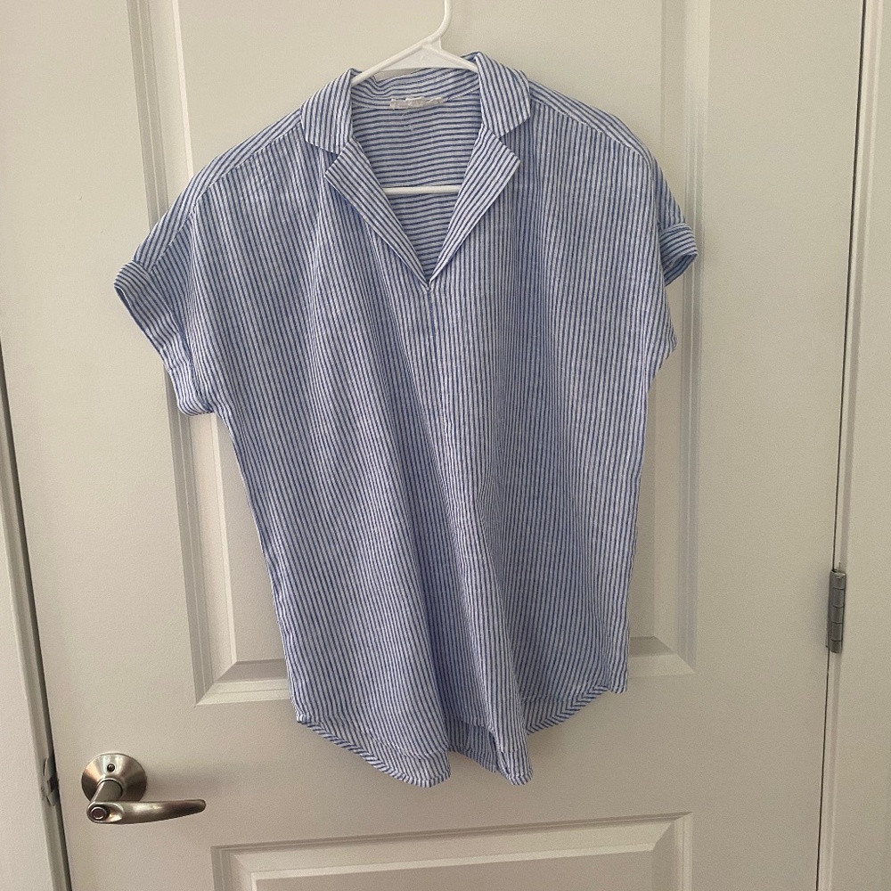 BeachLunchLounge Blue and White Striped Cotton and Linen Blend Shirt XS